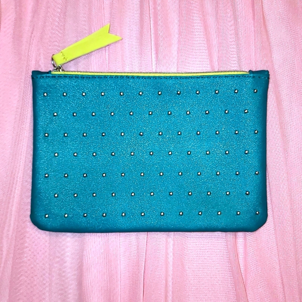 NEW Special Edition Ipsy studded makeup bag; teal w/neon yellow zipper & pull